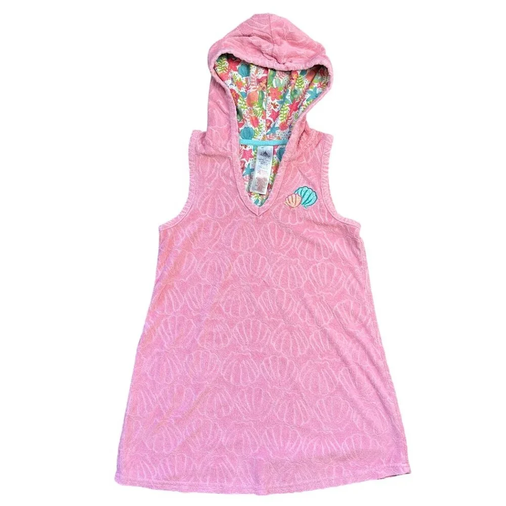 Disney Ariel Swim Cover Up Girls Size 7/8 Terry Cloth Jacquard Shell Hooded Pink
